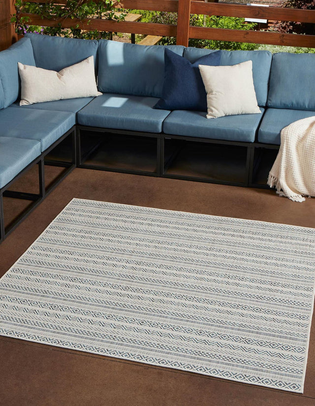 Teal 7' 10 x 7' 10 Outdoor Striped Square Area Rug Weather Resistant for Patio, Deck, Terrace, Balcony, Porch Geometric Pattern Waterproof Carpet for Sale at Rug Engine