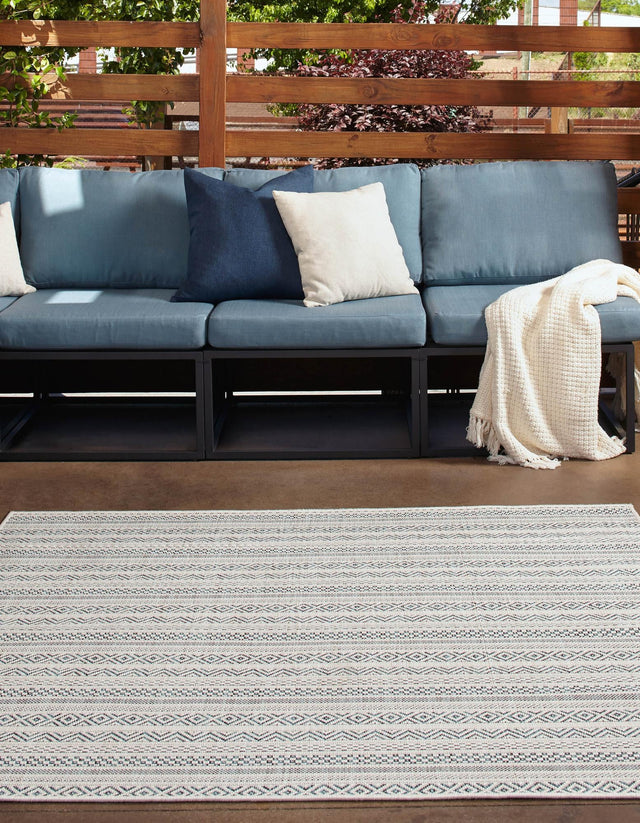 Teal 10' x 10' Outdoor Striped Square Area Rug Weather Resistant for Patio, Deck, Terrace, Balcony, Porch Geometric Pattern Waterproof Carpet for Sale at Rug Engine