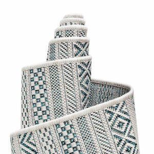 Teal 10' x 10' Outdoor Striped Square Area Rug Weather Resistant for Patio, Deck, Terrace, Balcony, Porch Geometric Pattern Waterproof Carpet for Sale at Rug Engine