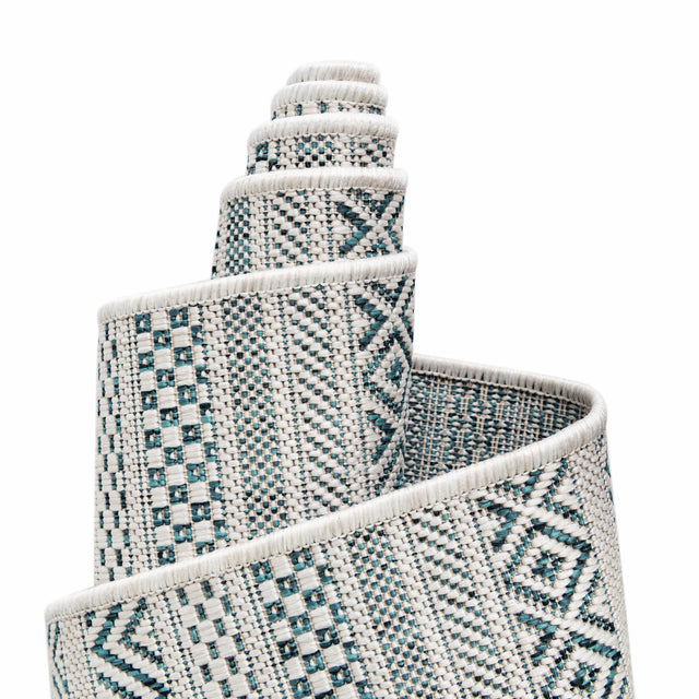 Teal 10' x 10' Outdoor Striped Square Area Rug Weather Resistant for Patio, Deck, Terrace, Balcony, Porch Geometric Pattern Waterproof Carpet for Sale at Rug Engine