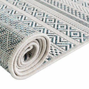 Teal 10' x 10' Outdoor Striped Square Area Rug Weather Resistant for Patio, Deck, Terrace, Balcony, Porch Geometric Pattern Waterproof Carpet for Sale at Rug Engine