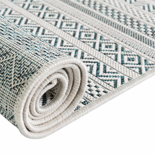 Teal 10' x 10' Outdoor Striped Square Area Rug Weather Resistant for Patio, Deck, Terrace, Balcony, Porch Geometric Pattern Waterproof Carpet for Sale at Rug Engine
