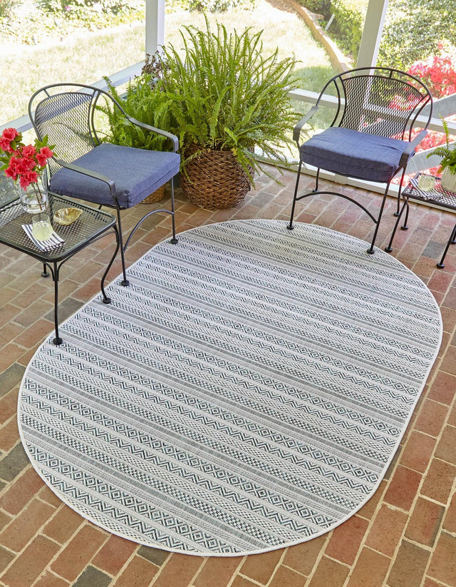 Teal 5' 3 x 8' Outdoor Striped Oval Area Rug Weather Resistant for Patio, Deck, Terrace, Balcony, Porch Geometric Pattern Waterproof Carpet for Sale at Rug Engine