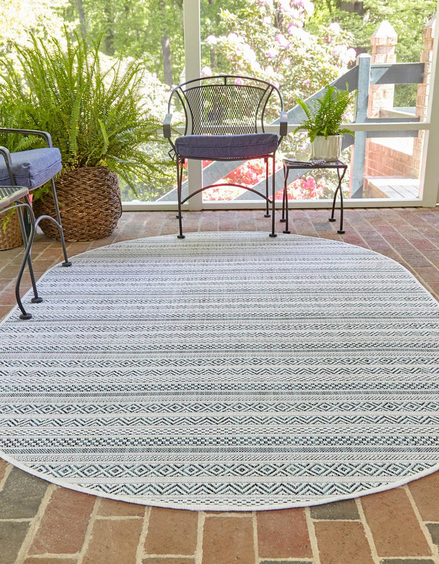 Teal 3' 1 x 5' 3 Outdoor Striped Oval Area Rug Weather Resistant for Patio, Deck, Terrace, Balcony, Porch Geometric Pattern Waterproof Carpet for Sale at Rug Engine