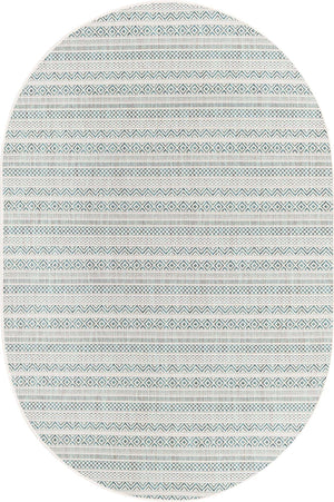Teal 5' 3 x 8' Outdoor Striped Oval Area Rug Weather Resistant for Patio, Deck, Terrace, Balcony, Porch Geometric Pattern Waterproof Carpet for Sale at Rug Engine