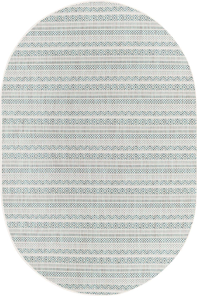 Teal 5' 3 x 8' Outdoor Striped Oval Area Rug Weather Resistant for Patio, Deck, Terrace, Balcony, Porch Geometric Pattern Waterproof Carpet for Sale at Rug Engine