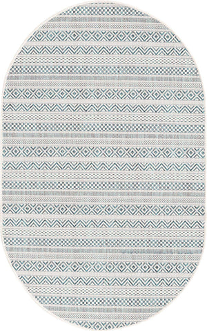 Teal 3' 1 x 5' 3 Outdoor Striped Oval Area Rug Weather Resistant for Patio, Deck, Terrace, Balcony, Porch Geometric Pattern Waterproof Carpet for Sale at Rug Engine