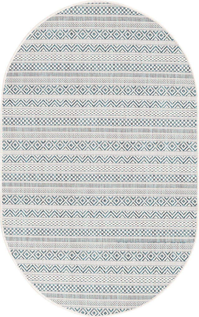Teal 3' 1 x 5' 3 Outdoor Striped Oval Area Rug Weather Resistant for Patio, Deck, Terrace, Balcony, Porch Geometric Pattern Waterproof Carpet for Sale at Rug Engine