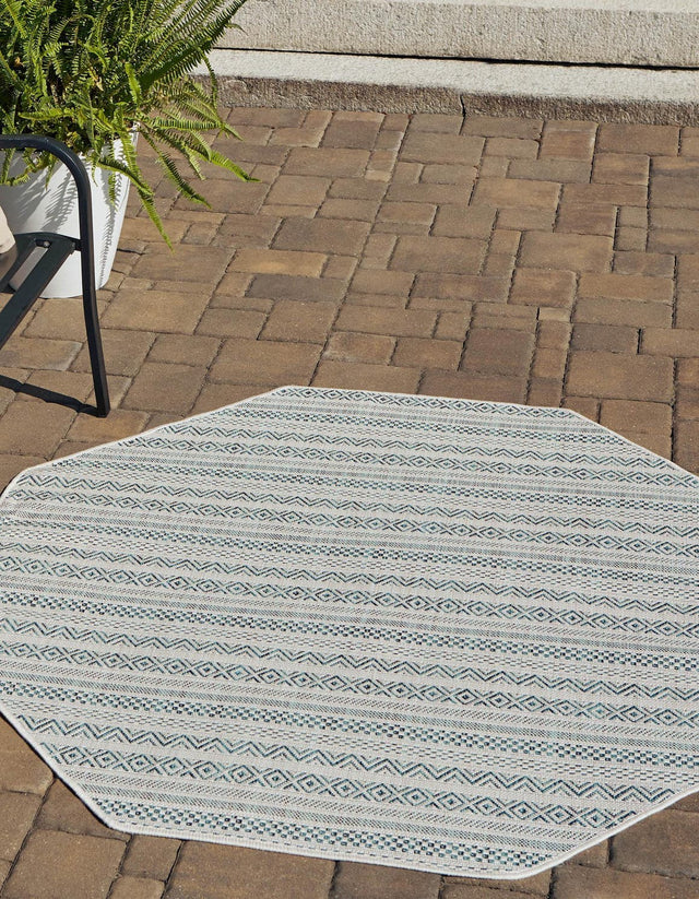 Teal 7' 10 x 7' 10 Outdoor Striped Octagon Area Rug Weather Resistant for Patio, Deck, Terrace, Balcony, Porch Geometric Pattern Waterproof Carpet for Sale at Rug Engine