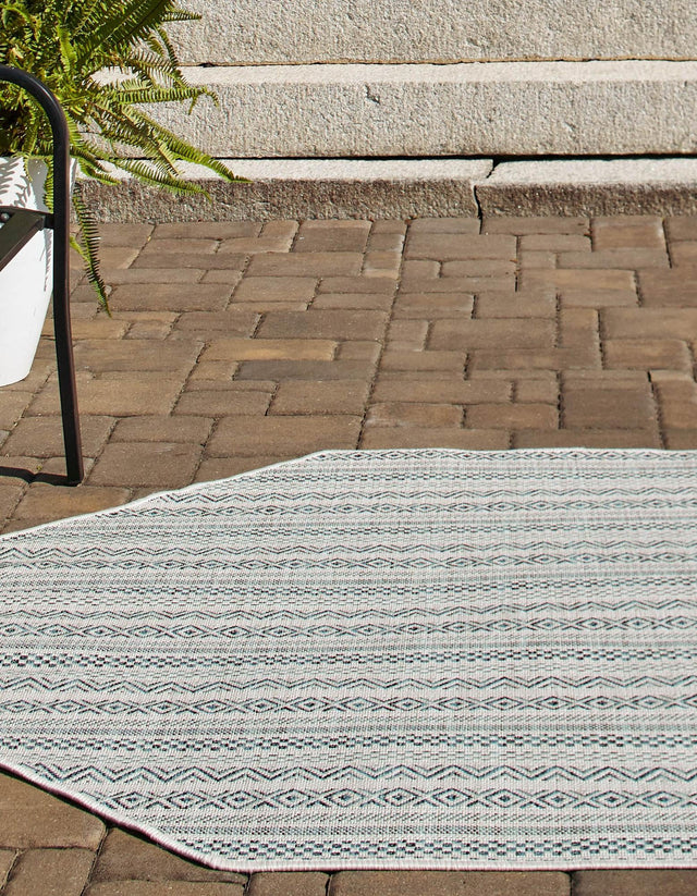Teal 7' 10 x 7' 10 Outdoor Striped Octagon Area Rug Weather Resistant for Patio, Deck, Terrace, Balcony, Porch Geometric Pattern Waterproof Carpet for Sale at Rug Engine