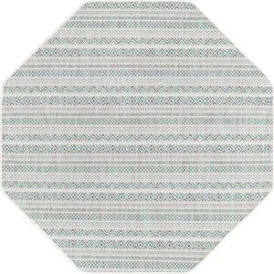Teal 5' 3 x 5' 3 Outdoor Striped Octagon Area Rug Weather Resistant for Patio, Deck, Terrace, Balcony, Porch Geometric Pattern Waterproof Carpet for Sale at Rug Engine