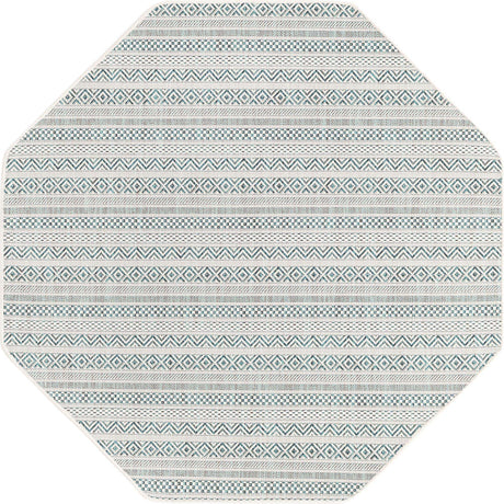 Teal 5' 3 x 5' 3 Outdoor Striped Octagon Area Rug Weather Resistant for Patio, Deck, Terrace, Balcony, Porch Geometric Pattern Waterproof Carpet for Sale at Rug Engine