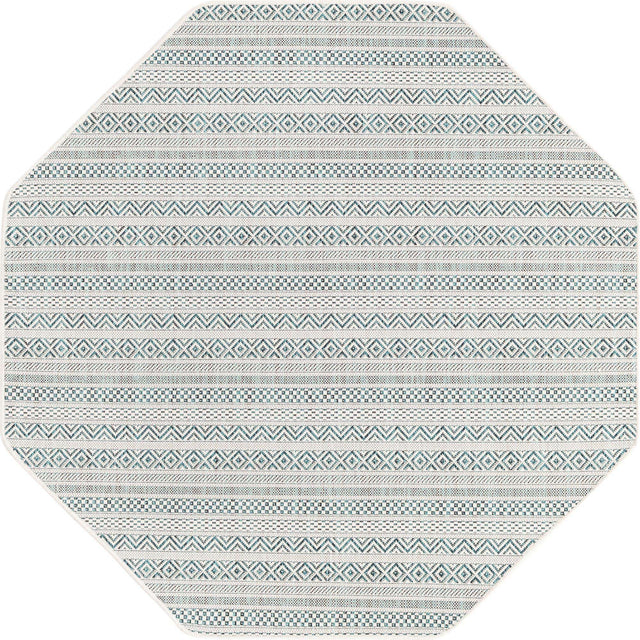 Teal 5' 3 x 5' 3 Outdoor Striped Octagon Area Rug Weather Resistant for Patio, Deck, Terrace, Balcony, Porch Geometric Pattern Waterproof Carpet for Sale at Rug Engine