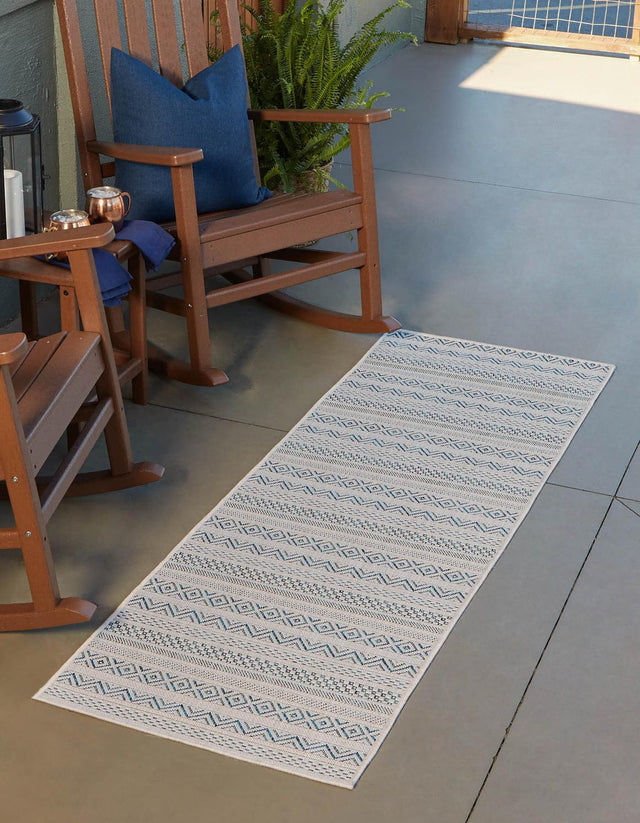 Teal 2' 7 x 12' Outdoor Striped Runner Area Rug Weather Resistant for Patio, Deck, Terrace, Balcony, Porch Geometric Pattern Waterproof Carpet for Sale at Rug Engine
