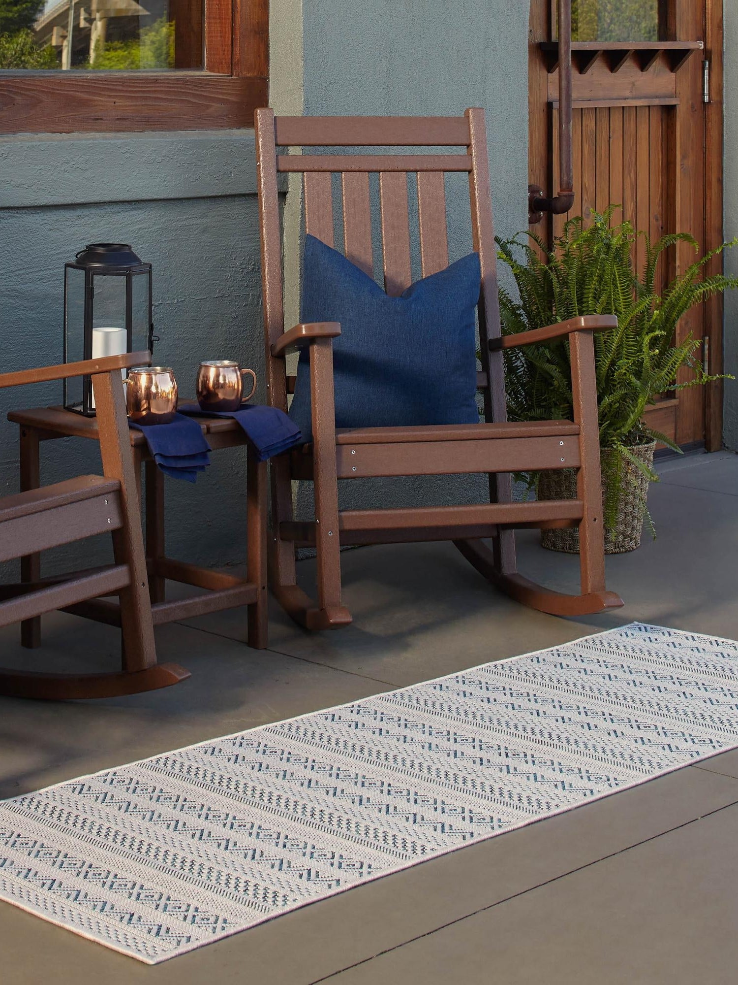 Teal 2' x 8' Outdoor Striped Runner Area Rug Weather Resistant for Patio, Deck, Terrace, Balcony, Porch Geometric Pattern Waterproof Carpet for Sale at Rug Engine