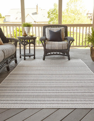 Beige 9' x 12' Outdoor Striped Rectangle Area Rug Weather Resistant for Patio, Deck, Terrace, Balcony, Porch Geometric Pattern Waterproof Carpet for Sale at Rug Engine