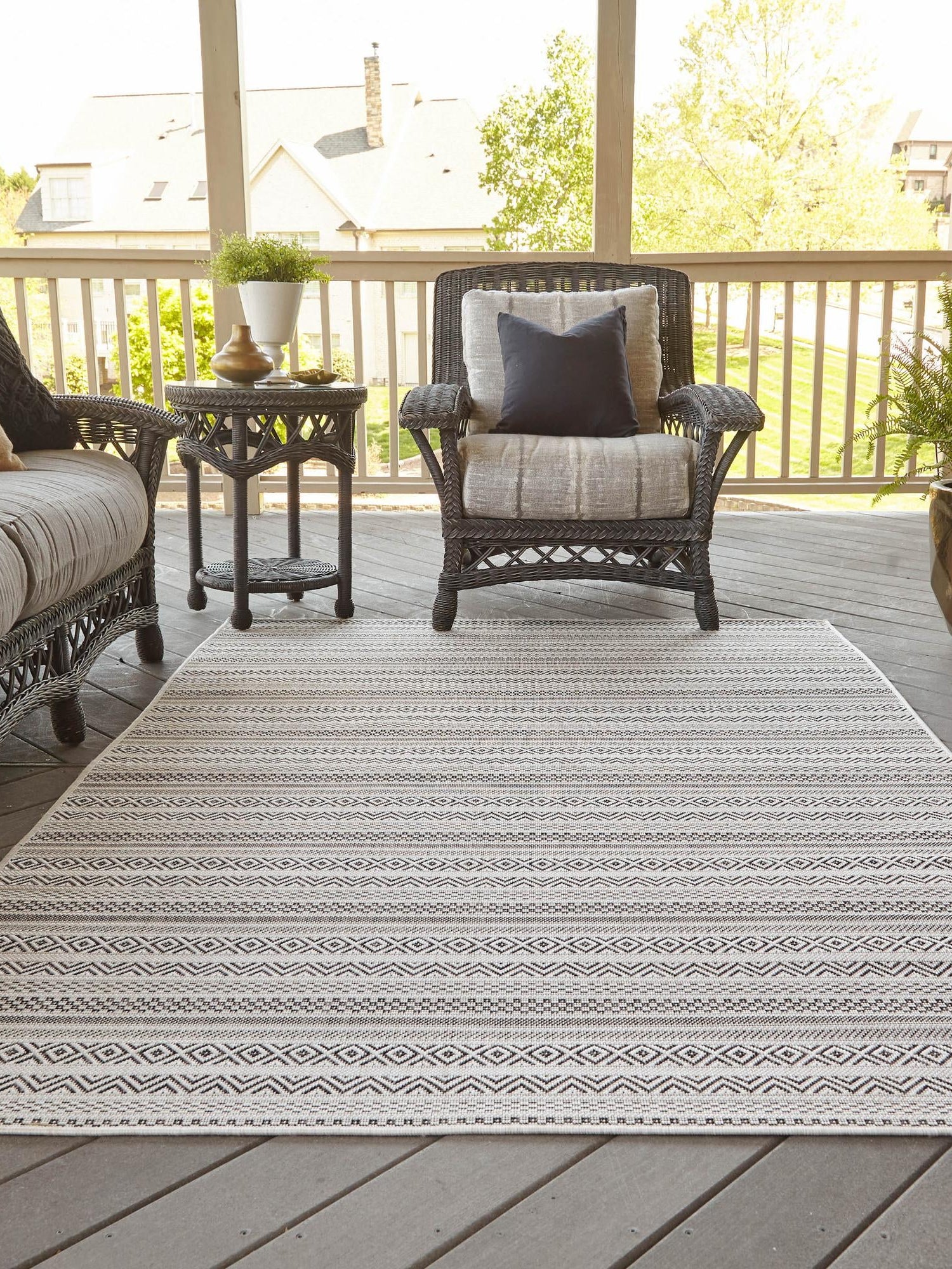 Beige 5' 3 x 8' Outdoor Striped Rectangle Area Rug Weather Resistant for Patio, Deck, Terrace, Balcony, Porch Geometric Pattern Waterproof Carpet for Sale at Rug Engine