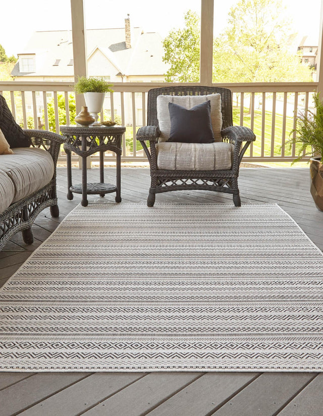 Beige 7' 1 x 10' Outdoor Striped Rectangle Area Rug Weather Resistant for Patio, Deck, Terrace, Balcony, Porch Geometric Pattern Waterproof Carpet for Sale at Rug Engine