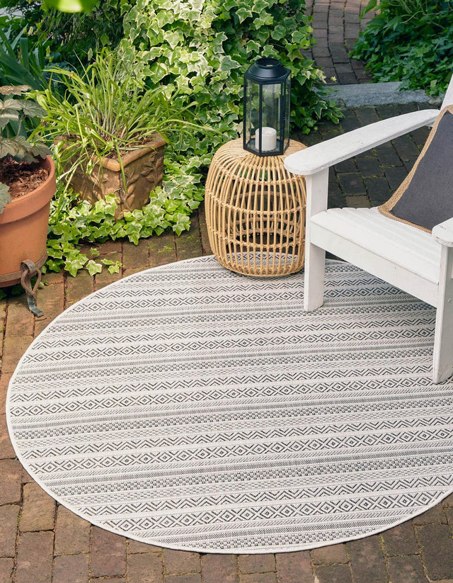 Beige 5' 3 x 5' 3 Outdoor Striped Round Area Rug Weather Resistant for Patio, Deck, Terrace, Balcony, Porch Geometric Pattern Waterproof Carpet for Sale at Rug Engine
