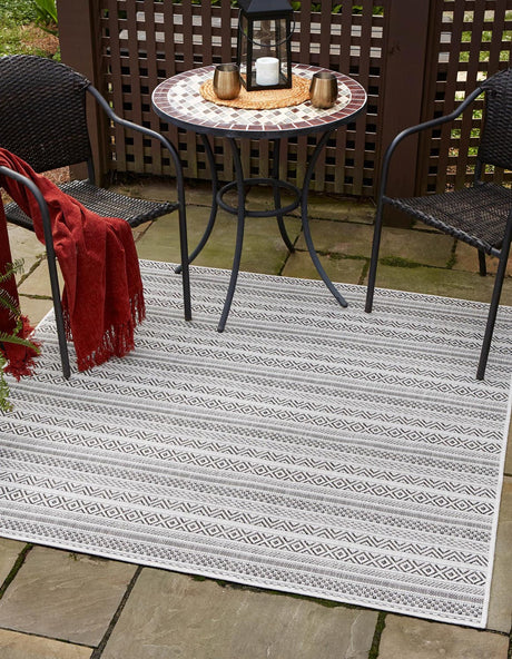 Beige 5' 3 x 5' 3 Outdoor Striped Square Area Rug Weather Resistant for Patio, Deck, Terrace, Balcony, Porch Geometric Pattern Waterproof Carpet for Sale at Rug Engine