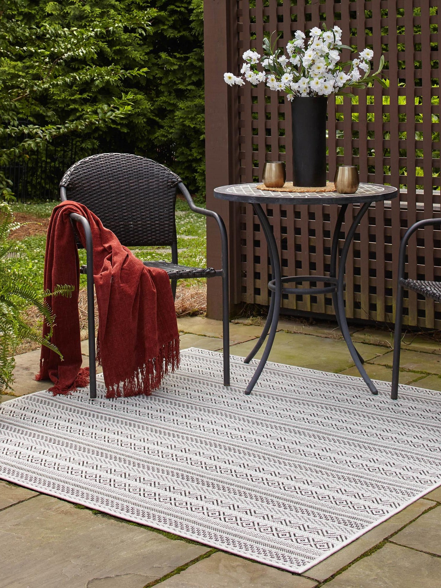 Beige 5' 3 x 5' 3 Outdoor Striped Square Area Rug Weather Resistant for Patio, Deck, Terrace, Balcony, Porch Geometric Pattern Waterproof Carpet for Sale at Rug Engine