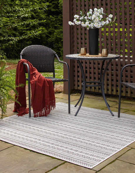 Beige 5' 3 x 5' 3 Outdoor Striped Square Area Rug Weather Resistant for Patio, Deck, Terrace, Balcony, Porch Geometric Pattern Waterproof Carpet for Sale at Rug Engine