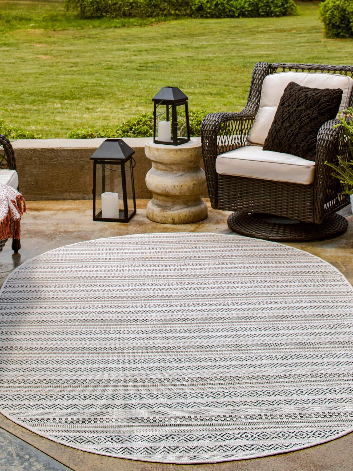 Beige 7' 10 x 10' Outdoor Striped Oval Area Rug Weather Resistant for Patio, Deck, Terrace, Balcony, Porch Geometric Pattern Waterproof Carpet for Sale at Rug Engine