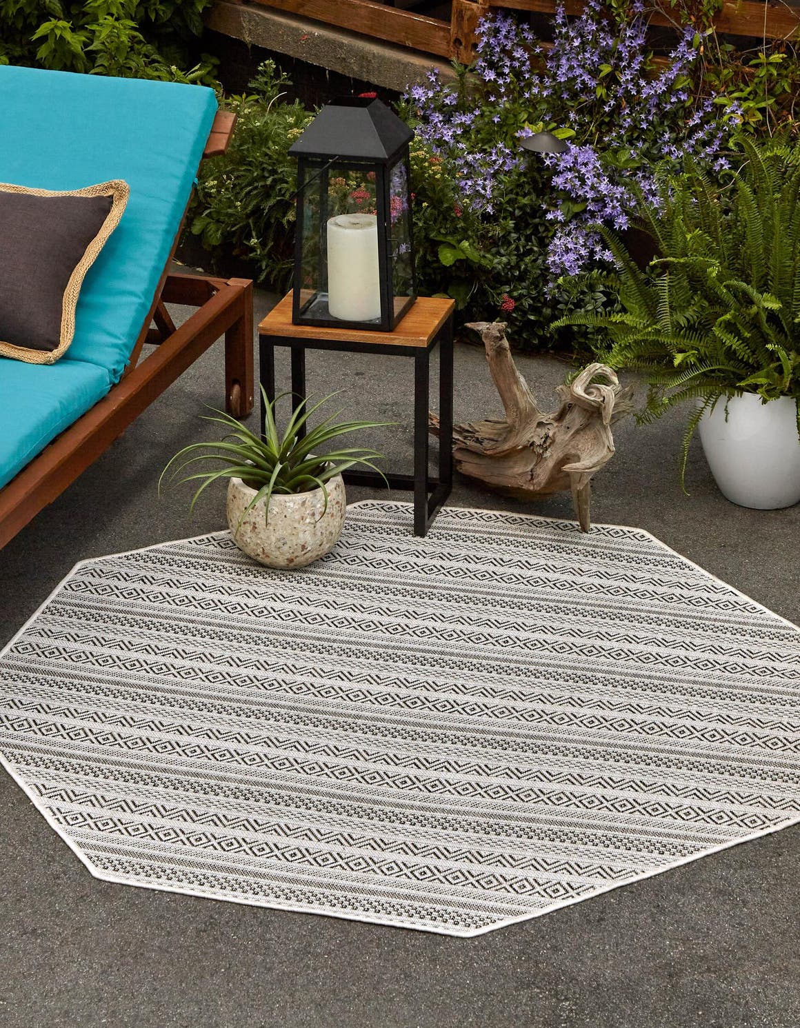 Beige 5' 3 x 5' 3 Outdoor Striped Octagon Area Rug Weather Resistant for Patio, Deck, Terrace, Balcony, Porch Geometric Pattern Waterproof Carpet for Sale at Rug Engine