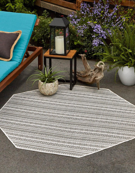Beige 5' 3 x 5' 3 Outdoor Striped Octagon Area Rug Weather Resistant for Patio, Deck, Terrace, Balcony, Porch Geometric Pattern Waterproof Carpet for Sale at Rug Engine