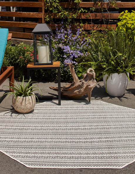Beige 5' 3 x 5' 3 Outdoor Striped Octagon Area Rug Weather Resistant for Patio, Deck, Terrace, Balcony, Porch Geometric Pattern Waterproof Carpet for Sale at Rug Engine