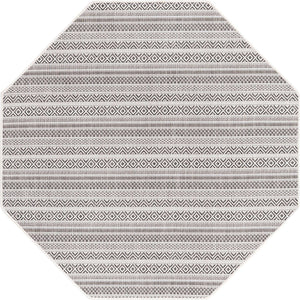 Beige 5' 3 x 5' 3 Outdoor Striped Octagon Area Rug Weather Resistant for Patio, Deck, Terrace, Balcony, Porch Geometric Pattern Waterproof Carpet for Sale at Rug Engine