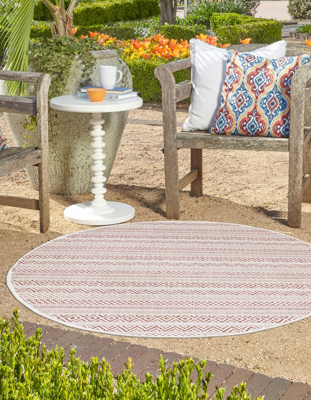 Red 7' 10 x 7' 10 Outdoor Striped Round Area Rug Weather Resistant for Patio, Deck, Terrace, Balcony, Porch Geometric Pattern Waterproof Carpet for Sale at Rug Engine