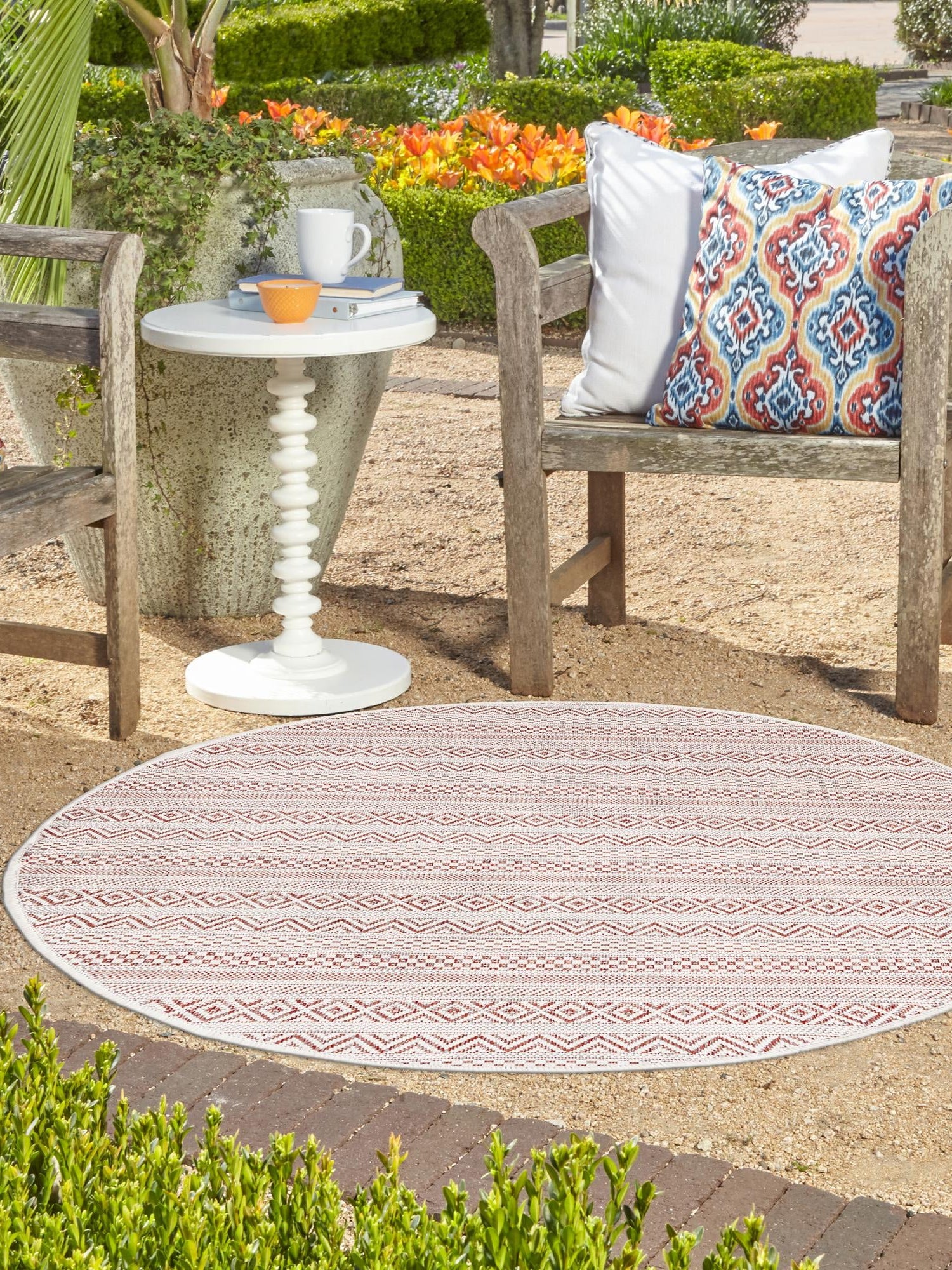 Red 3' 1 x 3' 1 Outdoor Striped Round Area Rug Weather Resistant for Patio, Deck, Terrace, Balcony, Porch Geometric Pattern Waterproof Carpet for Sale at Rug Engine