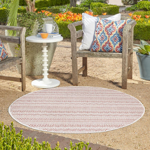 Red 7' 10 x 7' 10 Outdoor Striped Round Area Rug Weather Resistant for Patio, Deck, Terrace, Balcony, Porch Geometric Pattern Waterproof Carpet for Sale at Rug Engine