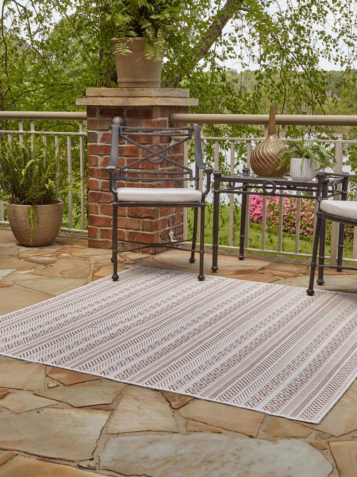 Red 5' 3 x 5' 3 Outdoor Striped Square Area Rug Weather Resistant for Patio, Deck, Terrace, Balcony, Porch Geometric Pattern Waterproof Carpet for Sale at Rug Engine