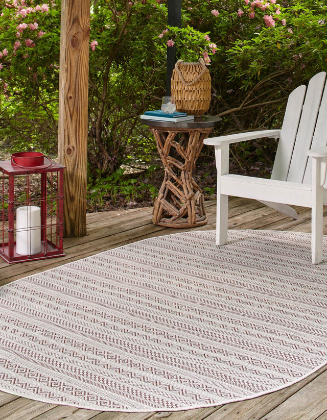Red 5' 3 x 8' Outdoor Striped Oval Area Rug Weather Resistant for Patio, Deck, Terrace, Balcony, Porch Geometric Pattern Waterproof Carpet for Sale at Rug Engine