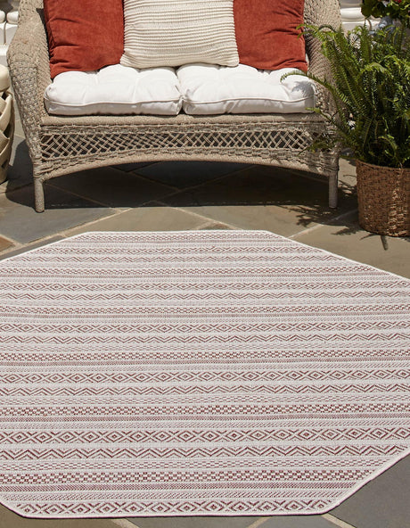 Red 7' 10 x 7' 10 Outdoor Striped Octagon Area Rug Weather Resistant for Patio, Deck, Terrace, Balcony, Porch Geometric Pattern Waterproof Carpet for Sale at Rug Engine