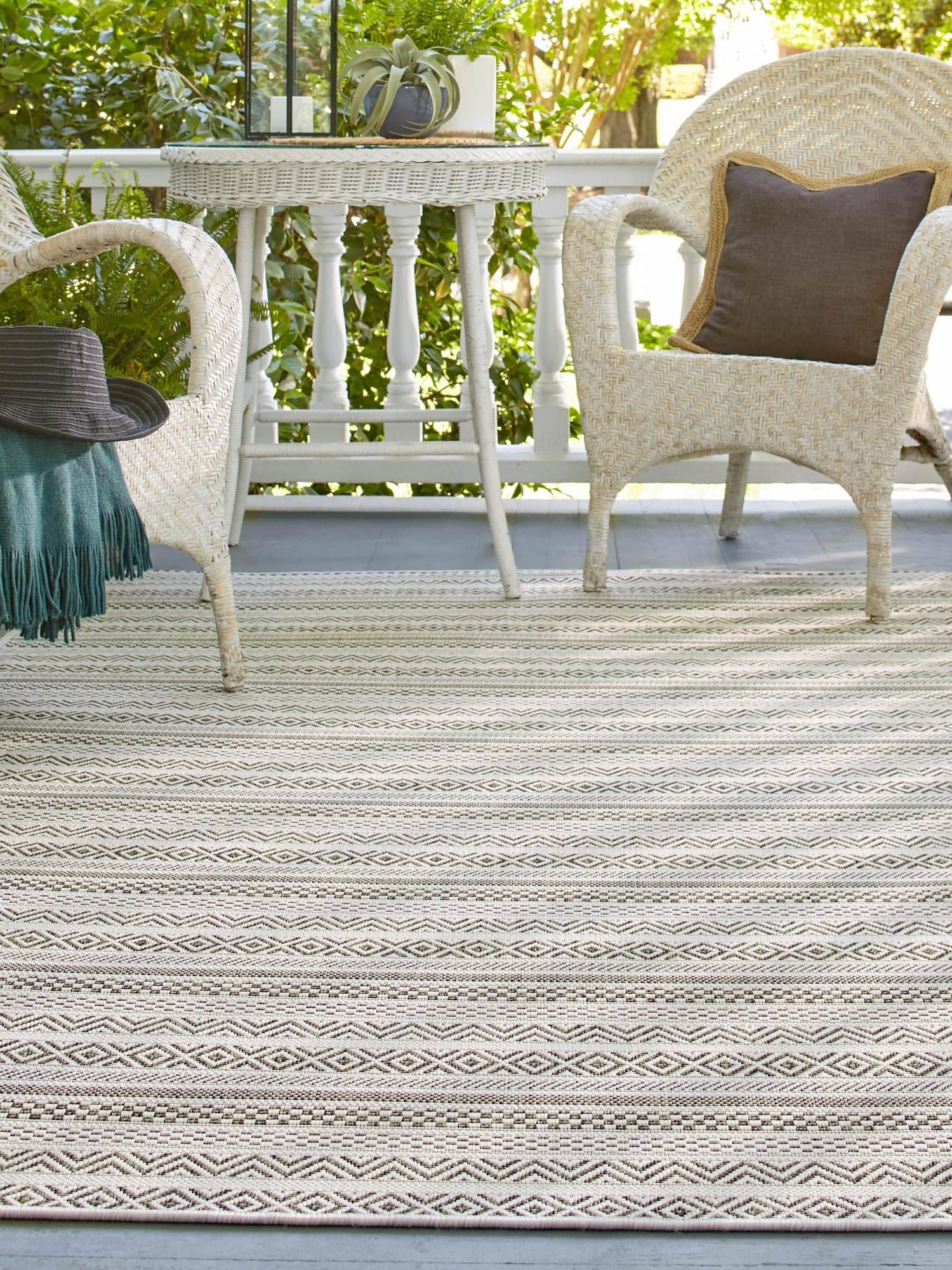 Green 6' 1 x 9' Outdoor Striped Rectangle Area Rug Weather Resistant for Patio, Deck, Terrace, Balcony, Porch Geometric Pattern Waterproof Carpet for Sale at Rug Engine