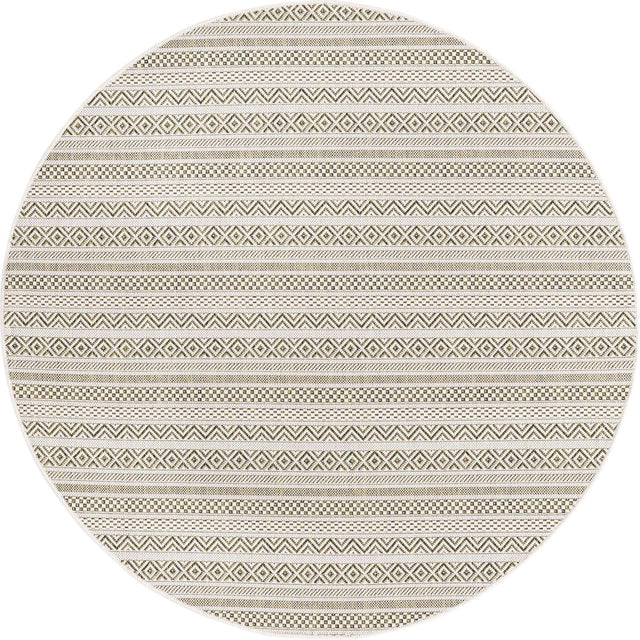 Green 5' 3 x 5' 3 Outdoor Striped Round Area Rug Weather Resistant for Patio, Deck, Terrace, Balcony, Porch Geometric Pattern Waterproof Carpet for Sale at Rug Engine