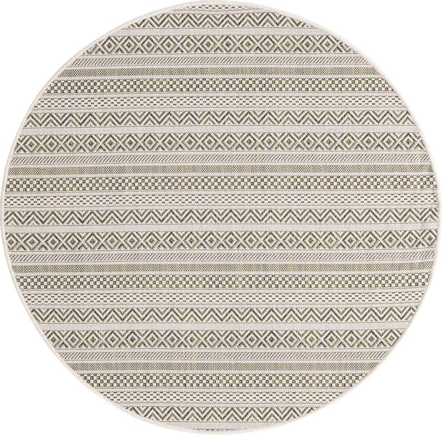 Green 4' 1 x 4' 1 Outdoor Striped Round Area Rug Weather Resistant for Patio, Deck, Terrace, Balcony, Porch Geometric Pattern Waterproof Carpet for Sale at Rug Engine