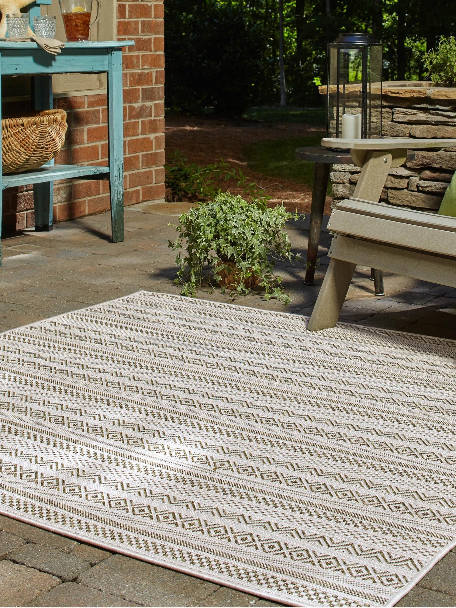 Green 7' 10 x 7' 10 Outdoor Striped Square Area Rug Weather Resistant for Patio, Deck, Terrace, Balcony, Porch Geometric Pattern Waterproof Carpet for Sale at Rug Engine
