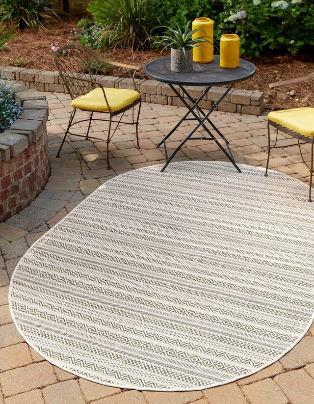 Green 7' 10 x 10' Outdoor Striped Oval Area Rug Weather Resistant for Patio, Deck, Terrace, Balcony, Porch Geometric Pattern Waterproof Carpet for Sale at Rug Engine