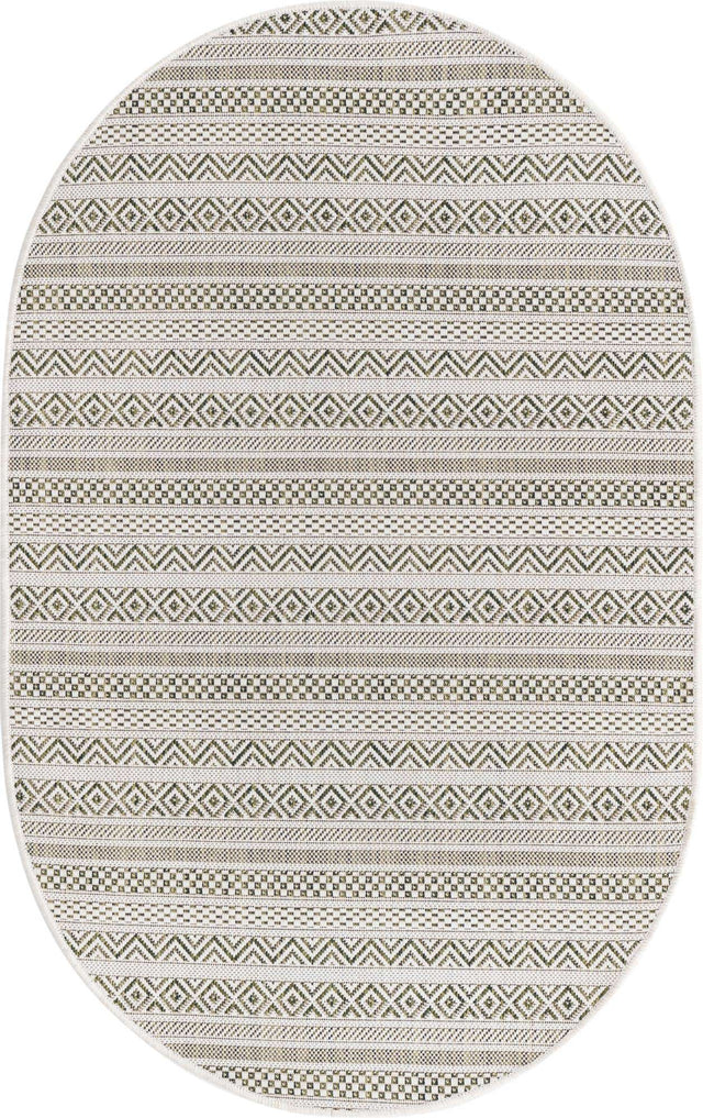 Green 3' 1 x 5' 3 Outdoor Striped Oval Area Rug Weather Resistant for Patio, Deck, Terrace, Balcony, Porch Geometric Pattern Waterproof Carpet for Sale at Rug Engine