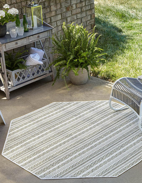 Green 5' 3 x 5' 3 Outdoor Striped Octagon Area Rug Weather Resistant for Patio, Deck, Terrace, Balcony, Porch Geometric Pattern Waterproof Carpet for Sale at Rug Engine