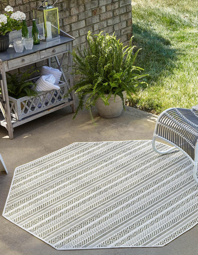 Green 5' 3 x 5' 3 Outdoor Striped Octagon Area Rug Weather Resistant for Patio, Deck, Terrace, Balcony, Porch Geometric Pattern Waterproof Carpet for Sale at Rug Engine