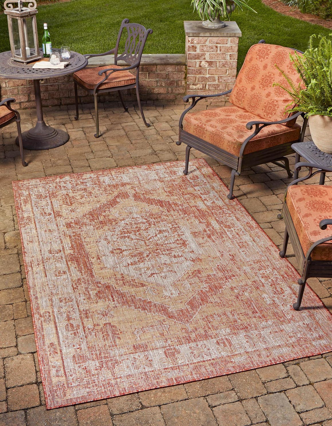 Rust Red 7' 1 x 10' Outdoor Traditional Rectangle Area Rug Weather Resistant for Patio, Deck, Terrace, Balcony, Porch Classical Design Outside Carpet for Sale at Rug Engine