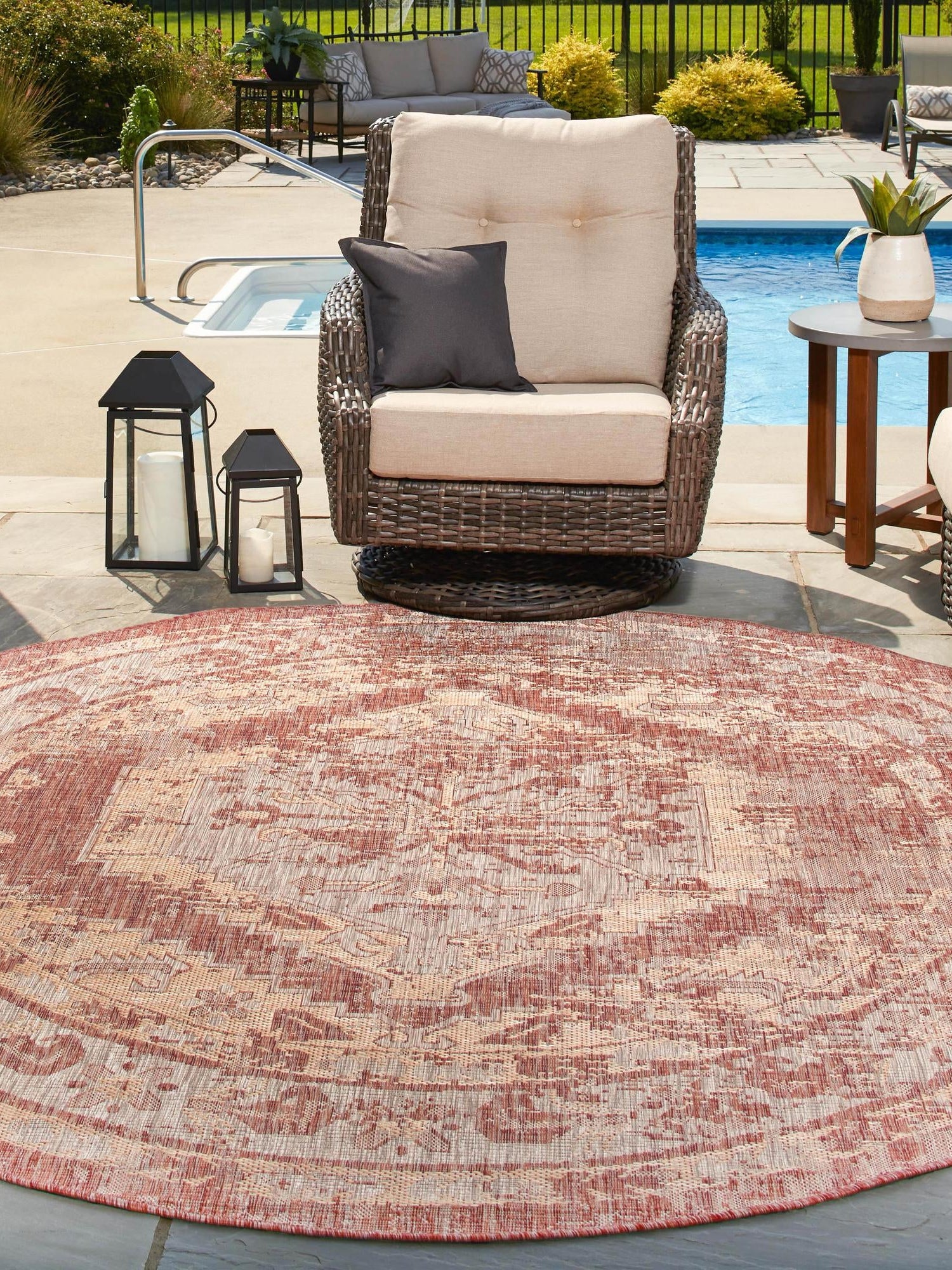 Rust Red 4' 1 x 4' 1 Outdoor Traditional Round Area Rug Weather Resistant for Patio, Deck, Terrace, Balcony, Porch Classical Design Outside Carpet for Sale at Rug Engine