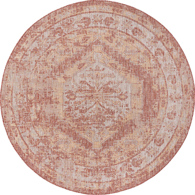 Rust Red 7' 10 x 7' 10 Outdoor Traditional Round Area Rug Weather Resistant for Patio, Deck, Terrace, Balcony, Porch Classical Design Outside Carpet for Sale at Rug Engine