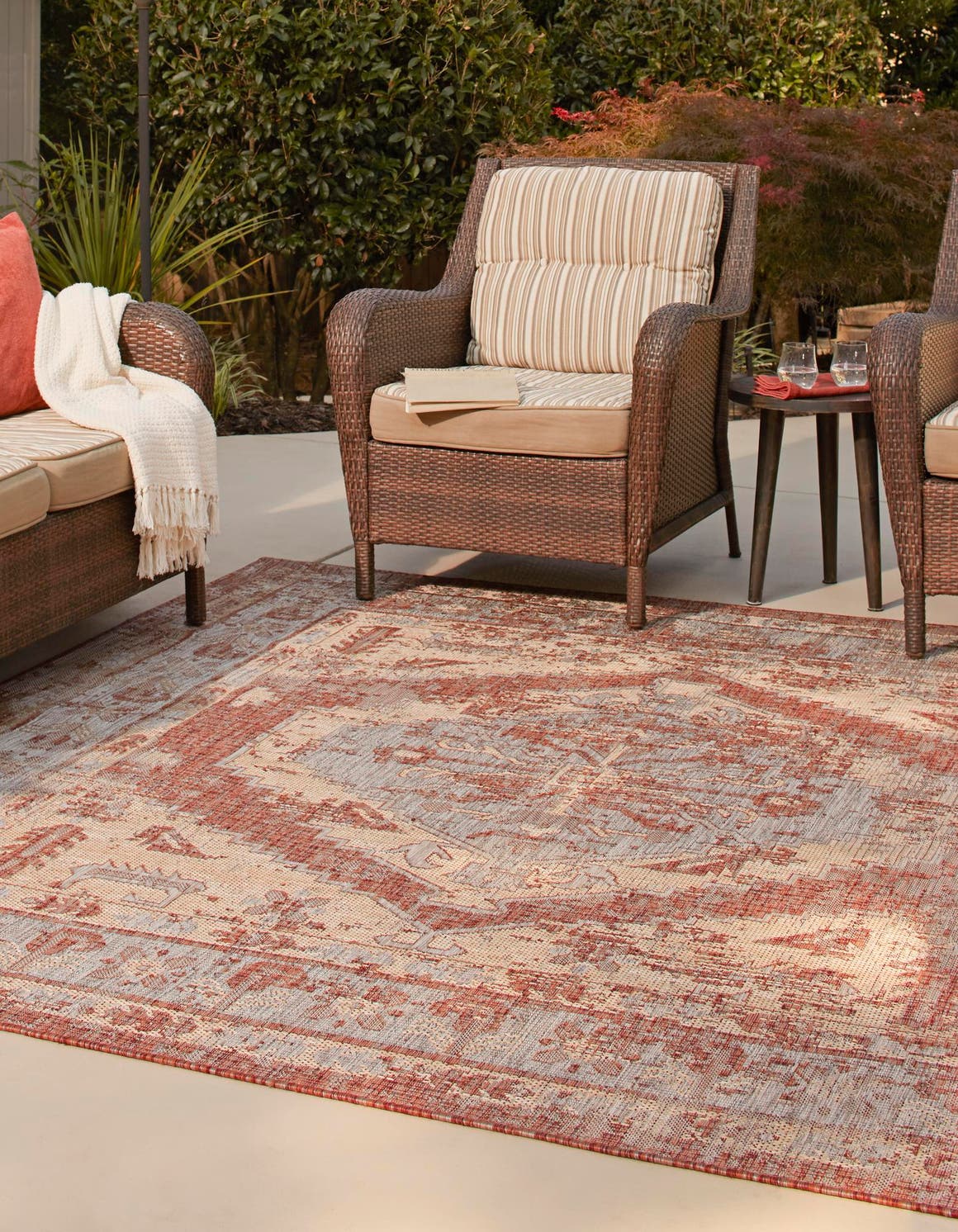 Rust Red 7' 10 x 7' 10 Outdoor Traditional Square Area Rug Weather Resistant for Patio, Deck, Terrace, Balcony, Porch Classical Design Outside Carpet for Sale at Rug Engine