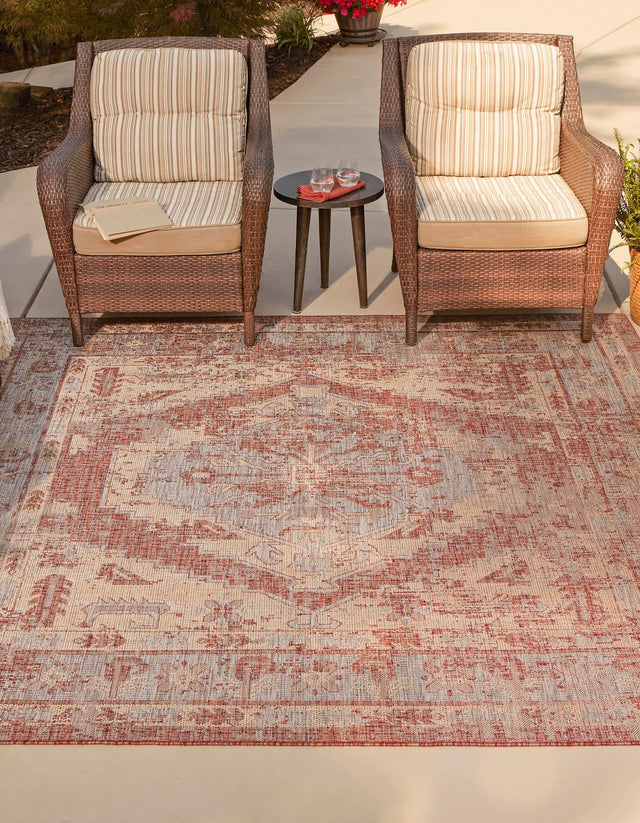 Rust Red 5' 3 x 5' 3 Outdoor Traditional Square Area Rug Weather Resistant for Patio, Deck, Terrace, Balcony, Porch Classical Design Outside Carpet for Sale at Rug Engine